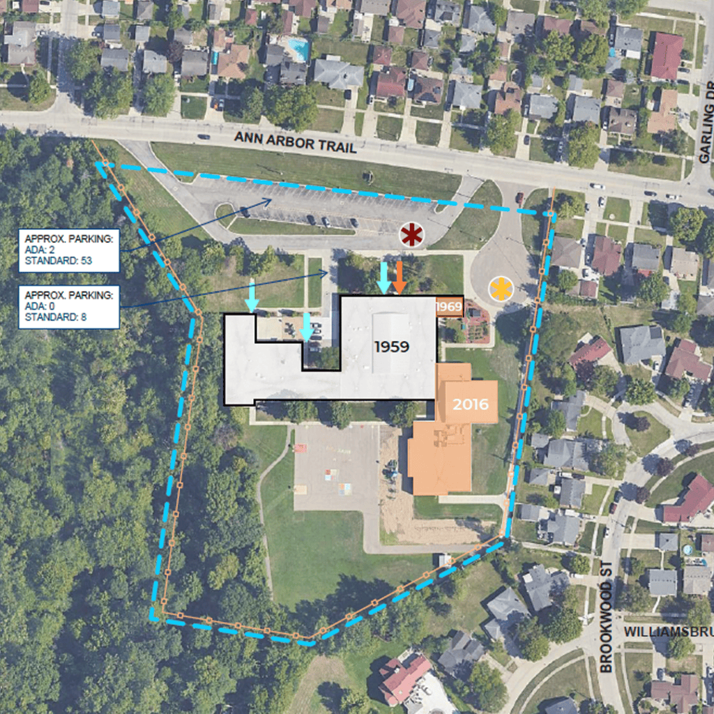 A satellite photo showing the years different sections of River Oaks Elementary were constructed including 1959, 1969 and 2016.